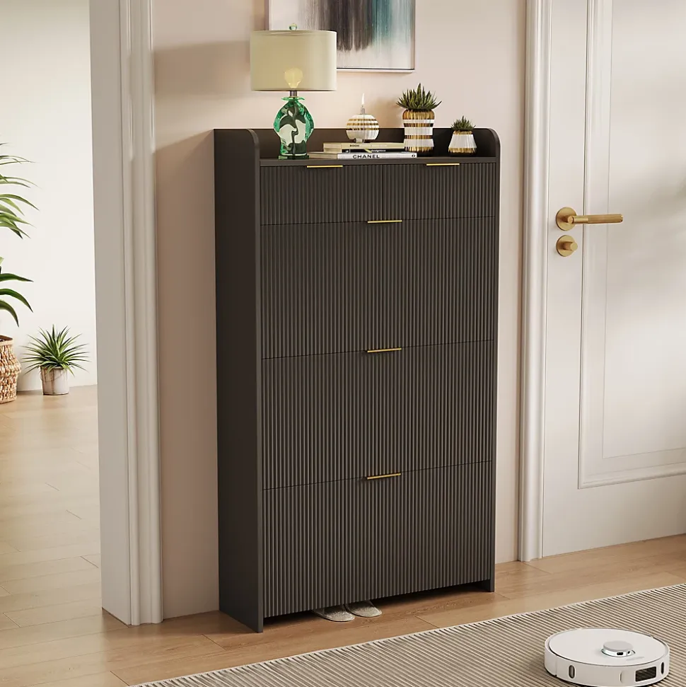 Meuble à chaussures noir moderne avec étagère supérieure et rangement compartimenté, 1 tiroirs, bacs pratiques