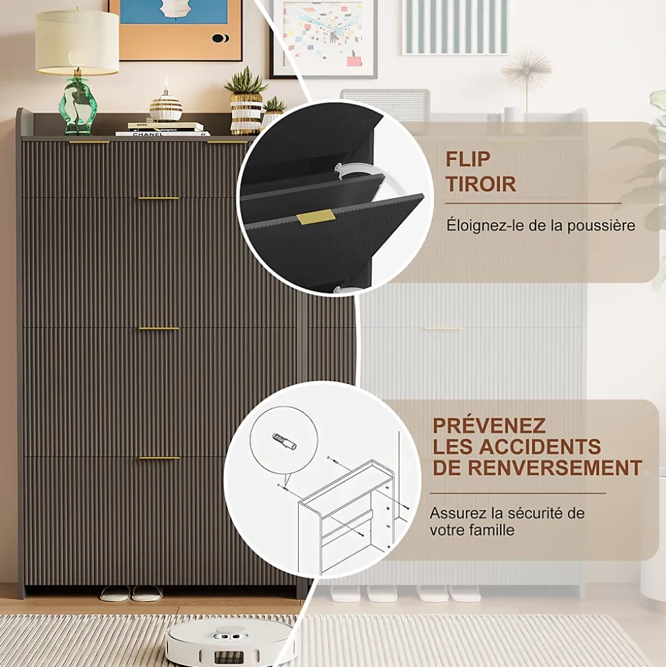 Meuble à chaussures noir moderne avec étagère supérieure et rangement compartimenté, 1 tiroirs, bacs pratiques