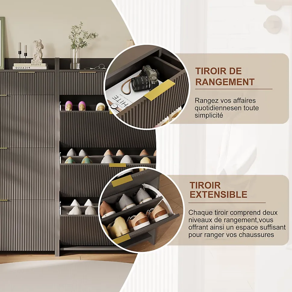 Meuble à chaussures noir moderne avec étagère supérieure et rangement compartimenté, 1 tiroirs, bacs pratiques