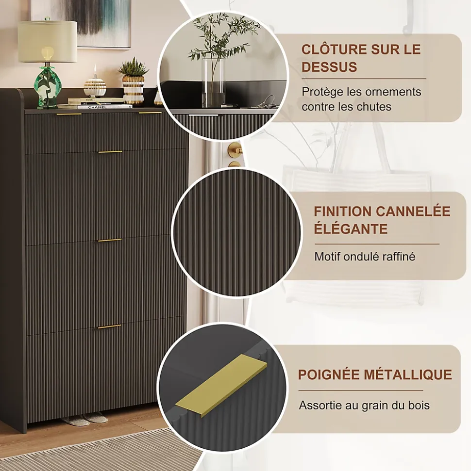 Meuble à chaussures noir moderne avec étagère supérieure et rangement compartimenté, 1 tiroirs, bacs pratiques