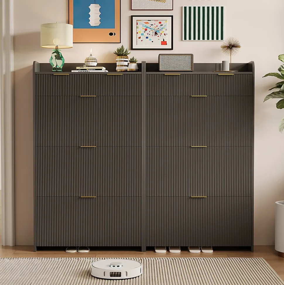 Meuble à chaussures noir moderne avec étagère supérieure et rangement compartimenté, 1 tiroirs, bacs pratiques