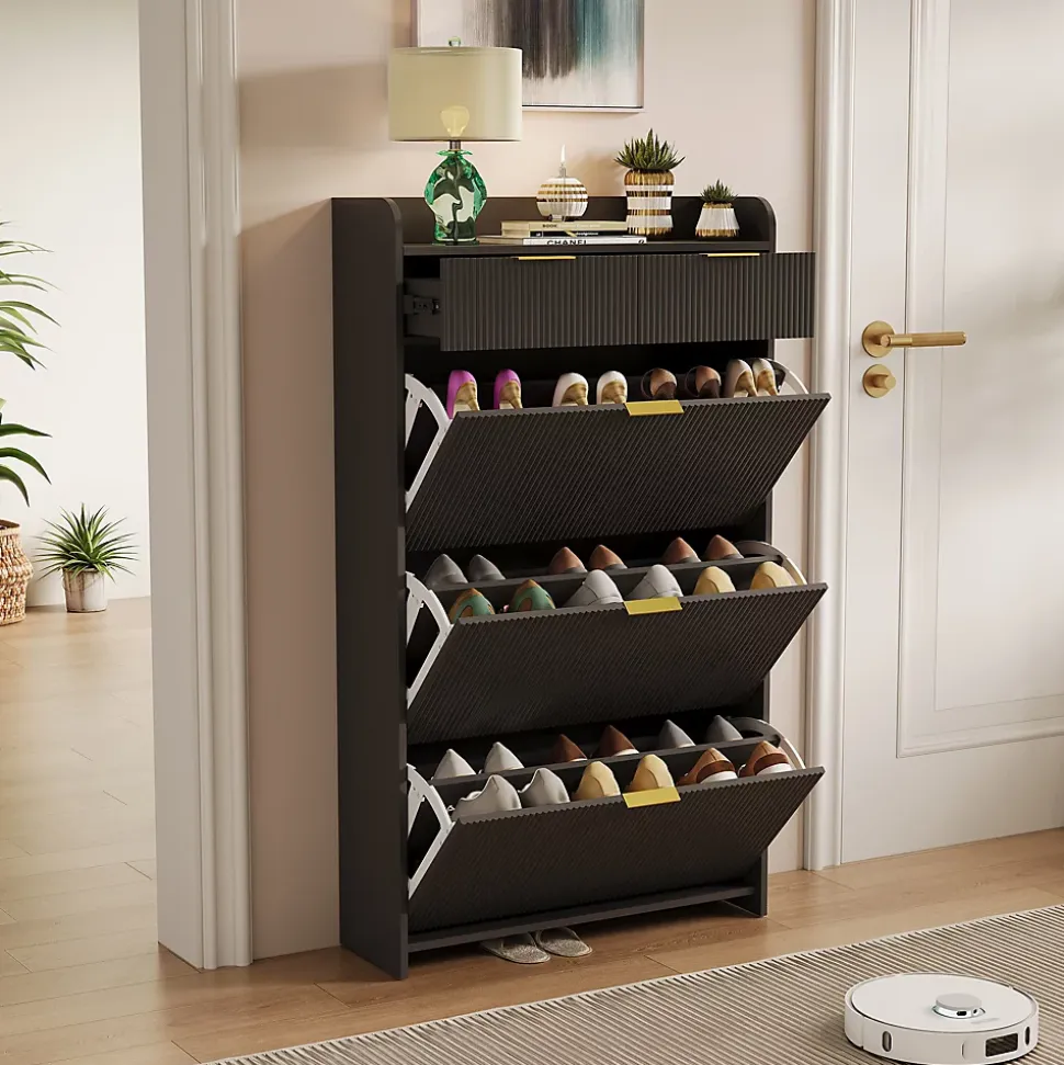 Meuble à chaussures noir moderne avec étagère supérieure et rangement compartimenté, 1 tiroirs, bacs pratiques