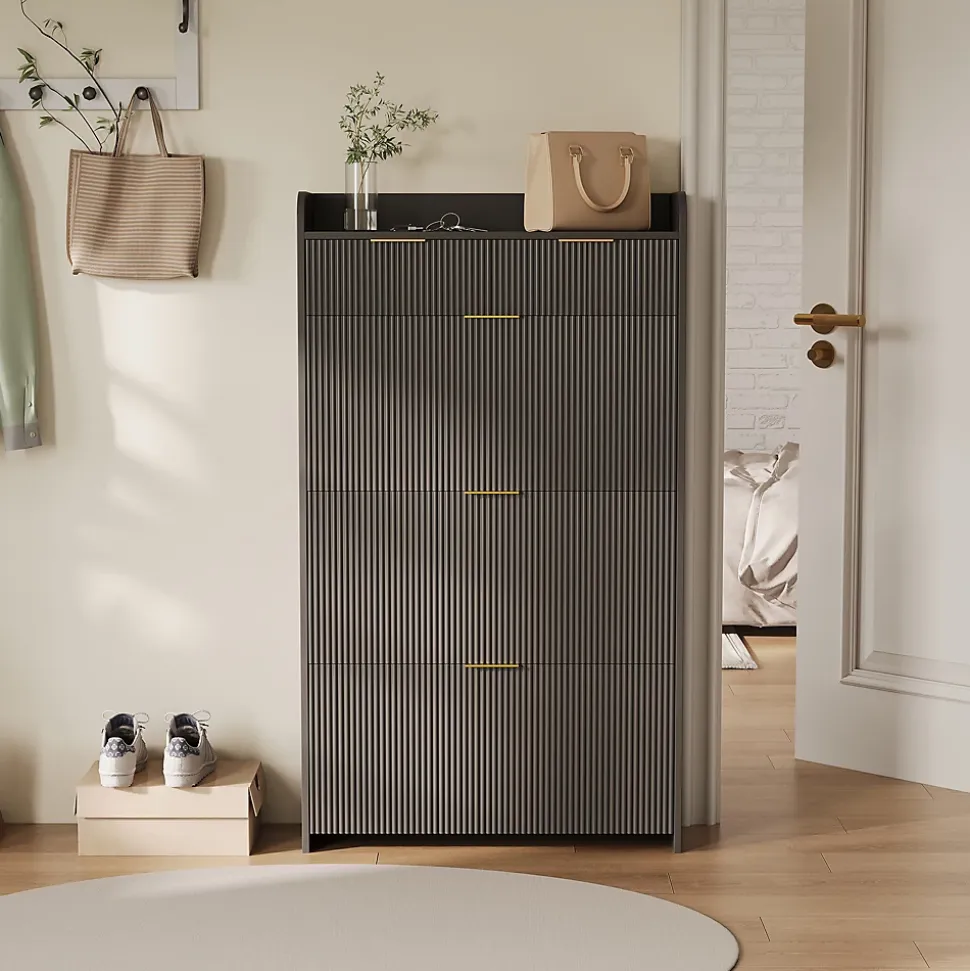 Meuble à chaussures noir moderne avec étagère supérieure et rangement compartimenté, 1 tiroirs, bacs pratiques