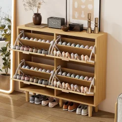 Meuble à Chaussures Pliant Avec Tiroirs Basculants, Design Pratique En Bois Clair, Poignées Métal, Chêne Clair