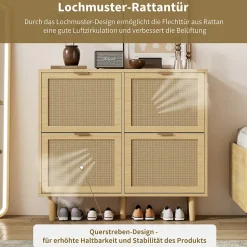 Meuble à Chaussures Pliant Avec Tiroirs Basculants, Design Pratique En Bois Clair, Poignées Métal, Chêne Clair