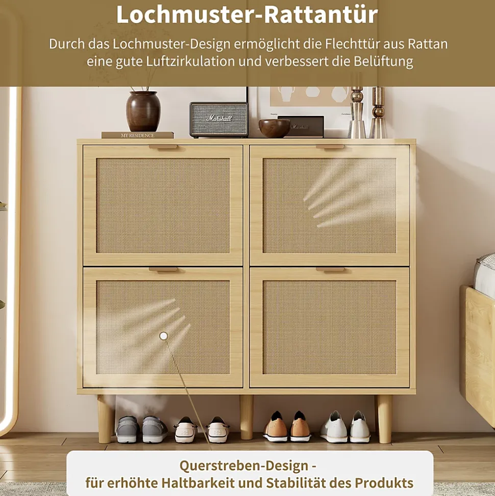 Meuble à Chaussures Pliant Avec Tiroirs Basculants, Design Pratique En Bois Clair, Poignées Métal, Chêne Clair