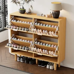 Meuble à Chaussures Pliant Avec Tiroirs Basculants, Design Pratique En Bois Clair, Poignées Métal, Chêne Clair