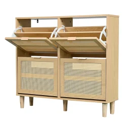 Meuble à Chaussures Pliant Avec Tiroirs Basculants, Design Pratique En Bois Clair, Poignées Métal, Chêne Clair