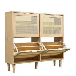 Meuble à Chaussures Pliant Avec Tiroirs Basculants, Design Pratique En Bois Clair, Poignées Métal, Chêne Clair