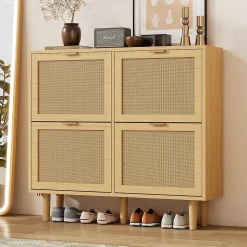 Meuble à Chaussures Pliant Avec Tiroirs Basculants, Design Pratique En Bois Clair, Poignées Métal, Chêne Clair