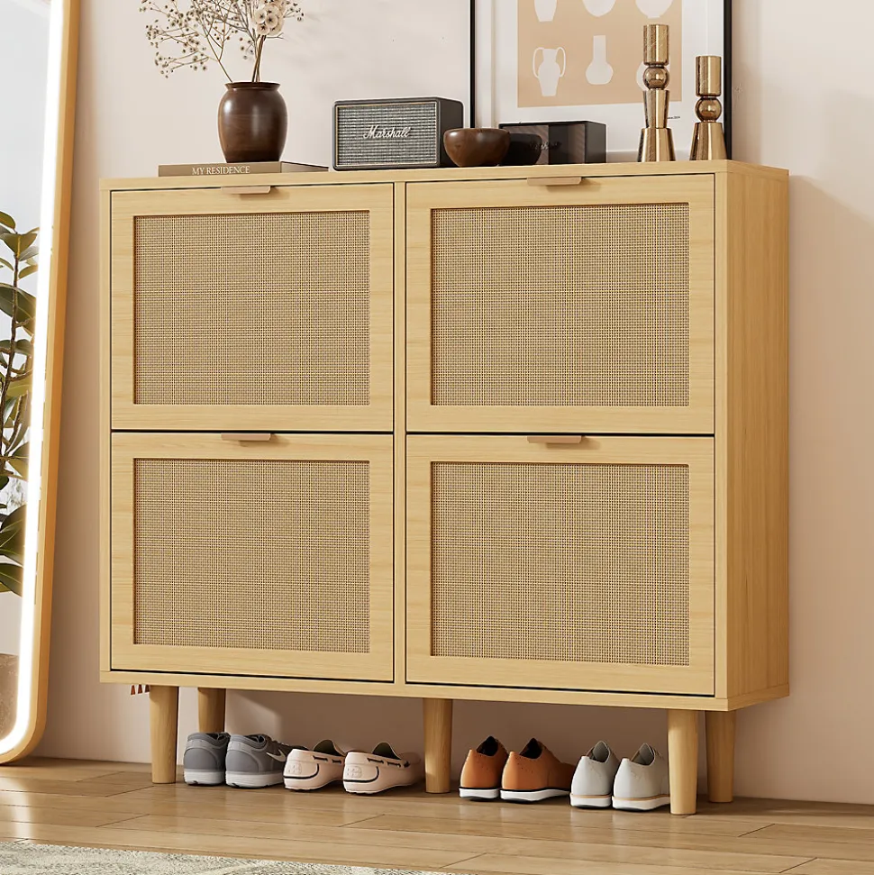 Meuble à Chaussures Pliant Avec Tiroirs Basculants, Design Pratique En Bois Clair, Poignées Métal, Chêne Clair