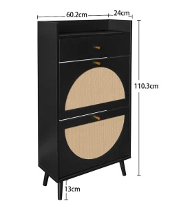Meuble à Chaussures Rotin avec 2 Portes et 1 Tiroir, 2 Étagère et Portes demi-Circulaires Interchangeables, Noir, 60x24x110 cm