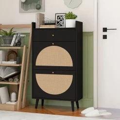 Meuble à Chaussures Rotin avec 2 Portes et 1 Tiroir, 2 Étagère et Portes demi-Circulaires Interchangeables, Noir, 60x24x110 cm