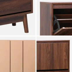 Meuble à chaussures scandinave décor bois noyer 3 portes abattantes capacité 18 paires de chaussures