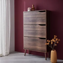 Meuble à chaussures scandinave décor noyer 3 portes abattantes capacité 18 paires de chaussures