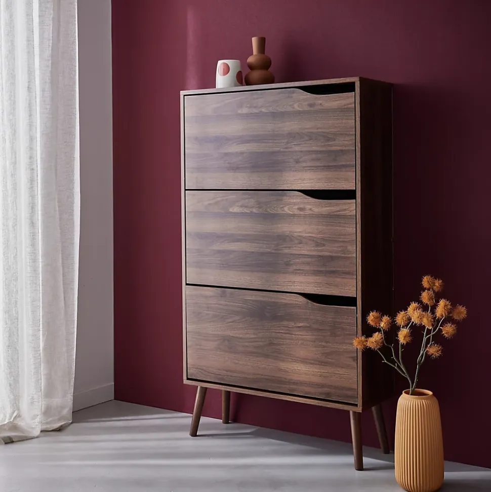 Meuble à chaussures scandinave décor noyer 3 portes abattantes capacité 18 paires de chaussures
