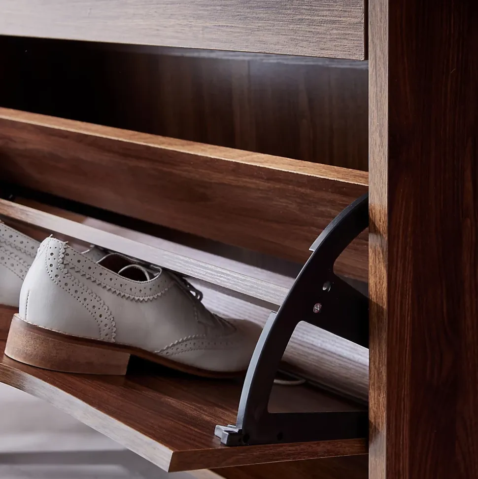 Meuble à chaussures scandinave décor noyer 3 portes abattantes capacité 18 paires de chaussures