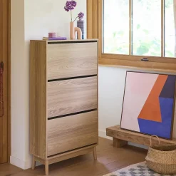 Meuble à chaussures scandinave décor bois 3 portes abattantes capacité 18 paires de chaussures