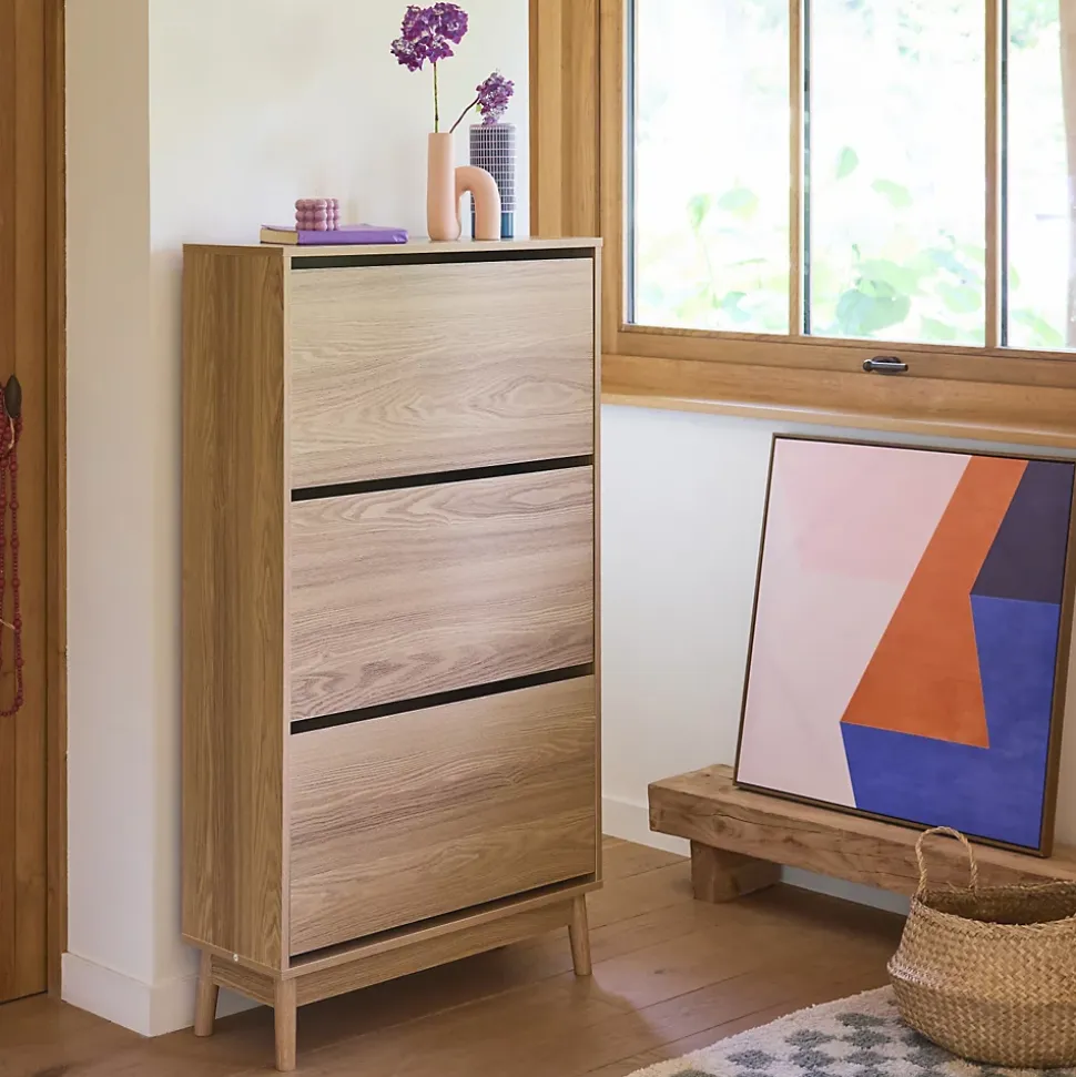 Meuble à chaussures scandinave décor bois 3 portes abattantes capacité 18 paires de chaussures