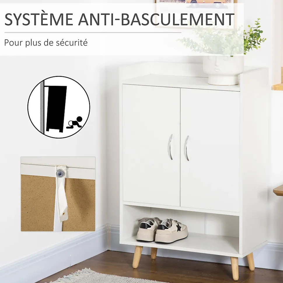 Meuble à chaussures scandinave placard 2 portes 4 étagères pieds effilés inclinés bois panneaux particules blanc