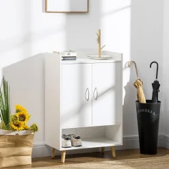 Meuble à chaussures scandinave placard 2 portes 4 étagères pieds effilés inclinés bois panneaux particules blanc