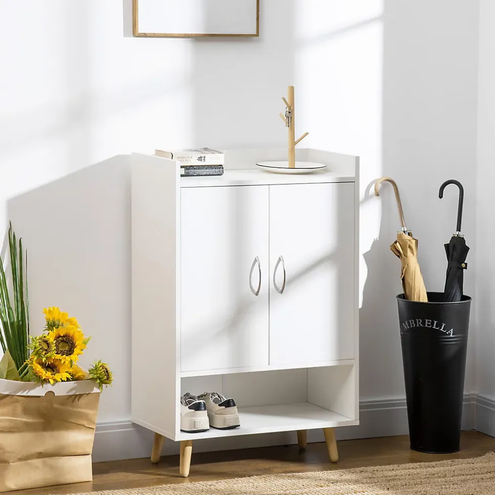 Meuble à chaussures scandinave placard 2 portes 4 étagères pieds effilés inclinés bois panneaux particules blanc