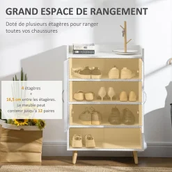 Meuble à chaussures scandinave placard 2 portes 4 étagères pieds effilés inclinés bois panneaux particules blanc