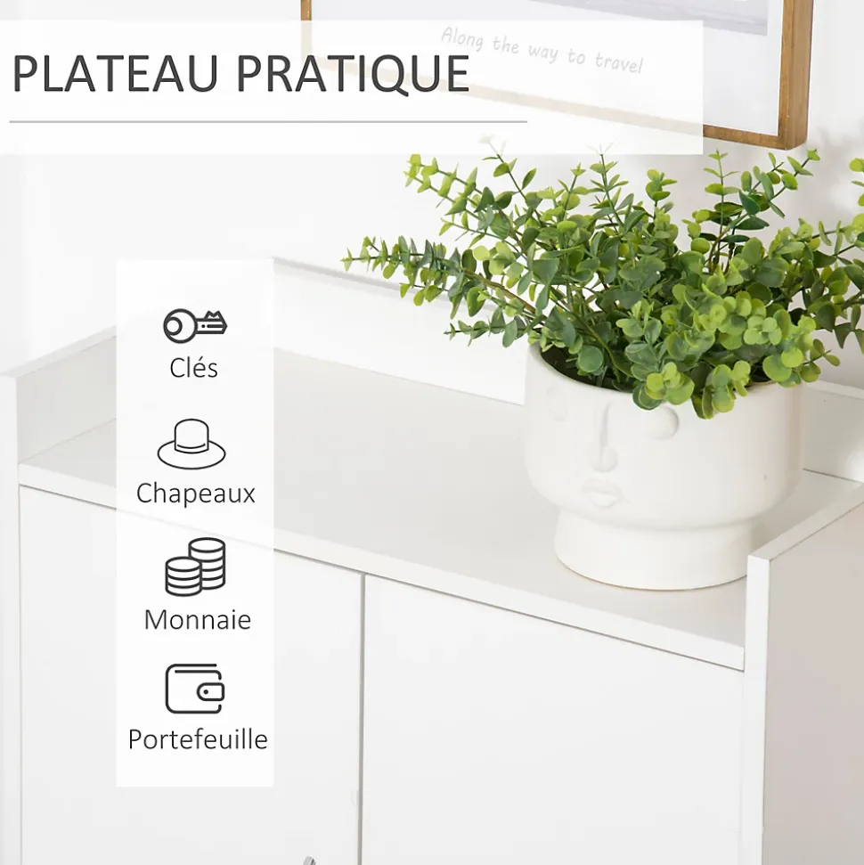 Meuble à chaussures scandinave placard 2 portes 4 étagères pieds effilés inclinés bois panneaux particules blanc
