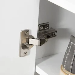 Meuble à chaussures scandinave placard 2 portes 4 étagères pieds effilés inclinés bois panneaux particules blanc