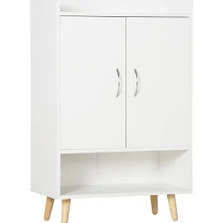 Meuble à chaussures scandinave placard 2 portes 4 étagères pieds effilés inclinés bois panneaux particules blanc