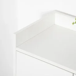 Meuble à chaussures scandinave placard 2 portes 4 étagères pieds effilés inclinés bois panneaux particules blanc