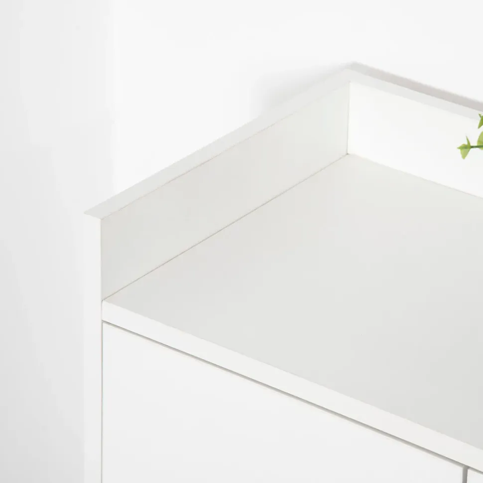 Meuble à chaussures scandinave placard 2 portes 4 étagères pieds effilés inclinés bois panneaux particules blanc