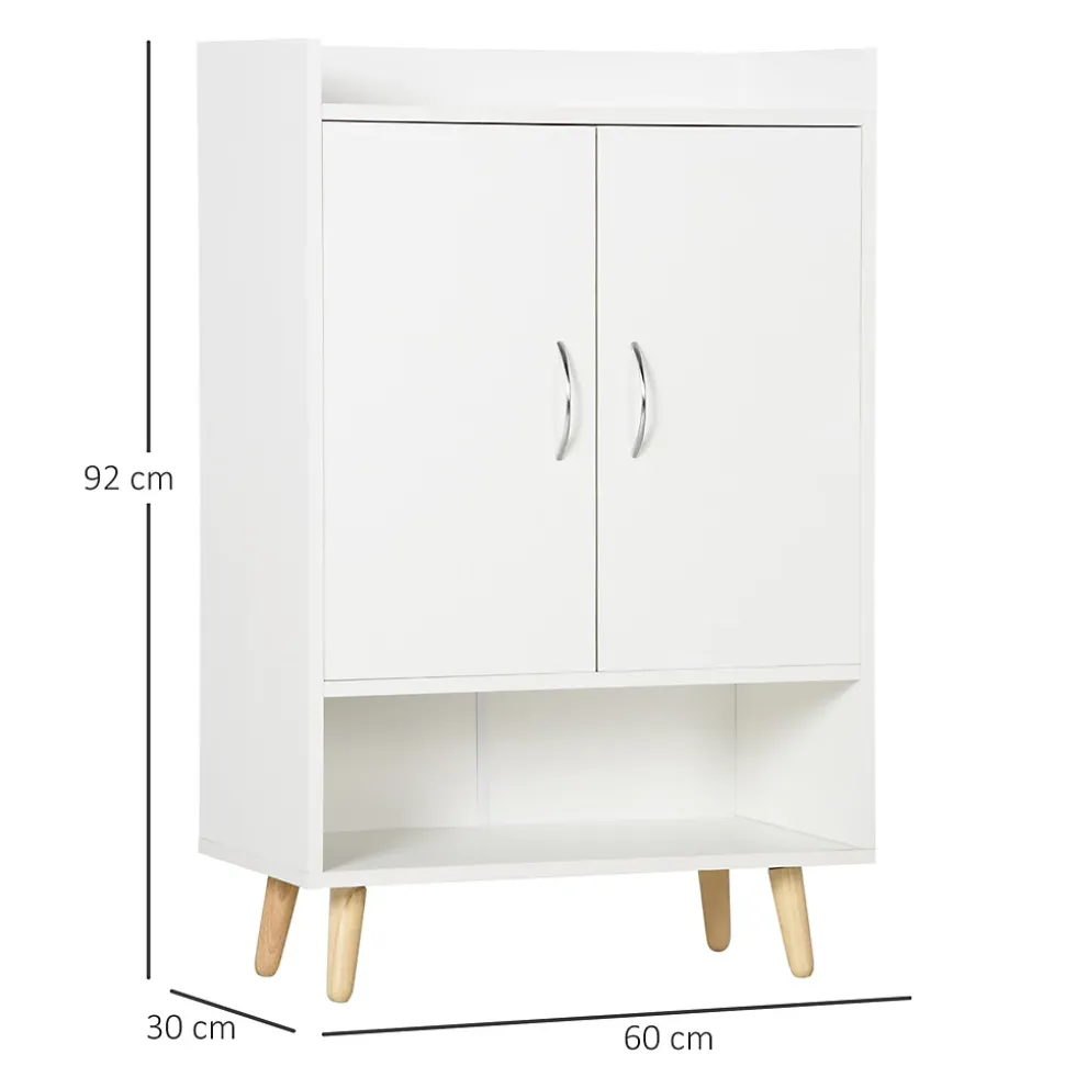 Meuble à chaussures scandinave placard 2 portes 4 étagères pieds effilés inclinés bois panneaux particules blanc