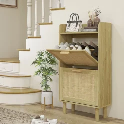 Meuble à chaussures style bohème chic - 2 portes abattantes, étagère - cannage rotin aspect bois clair