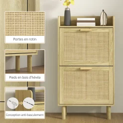 Meuble à chaussures style bohème chic - 2 portes abattantes, étagère - cannage rotin aspect bois clair