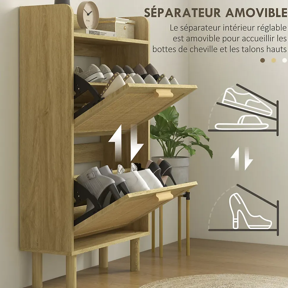 Meuble à chaussures style bohème chic - 2 portes abattantes, étagère - cannage rotin aspect bois clair
