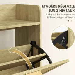 Meuble à chaussures style bohème chic - 2 portes abattantes, étagère - cannage rotin aspect bois clair