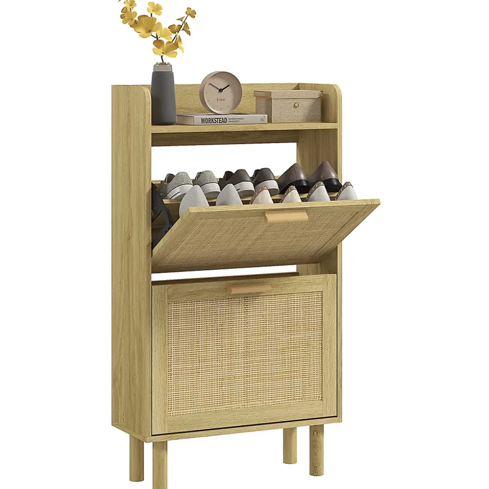 Meuble à chaussures style bohème chic - 2 portes abattantes, étagère - cannage rotin aspect bois clair