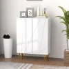 Meuble à chaussures style Art déco 2 portes 5 niveaux piètement épingle acier doré façade laquée blanc
