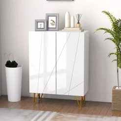 Meuble à chaussures style Art déco 2 portes 5 niveaux piètement épingle acier doré façade laquée blanc