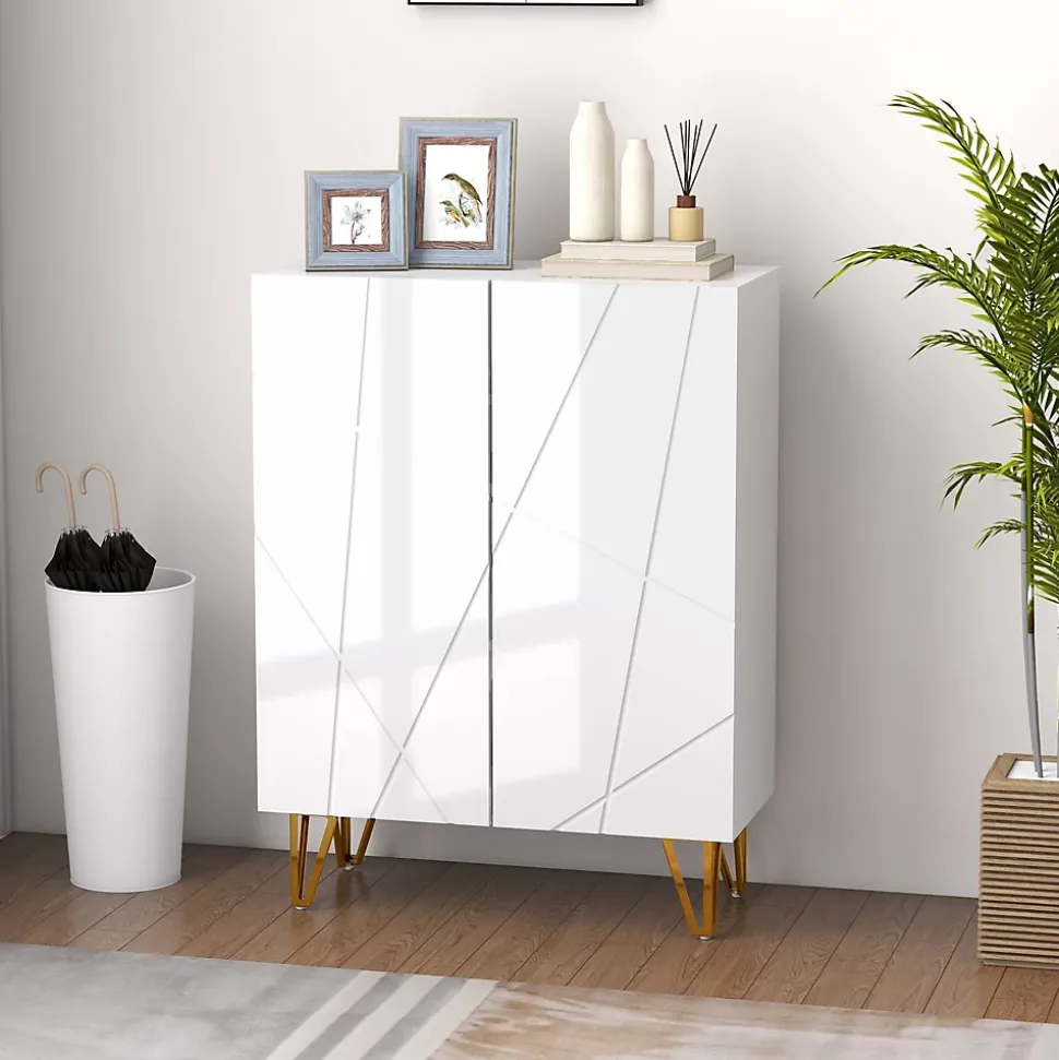 Meuble à chaussures style Art déco 2 portes 5 niveaux piètement épingle acier doré façade laquée blanc