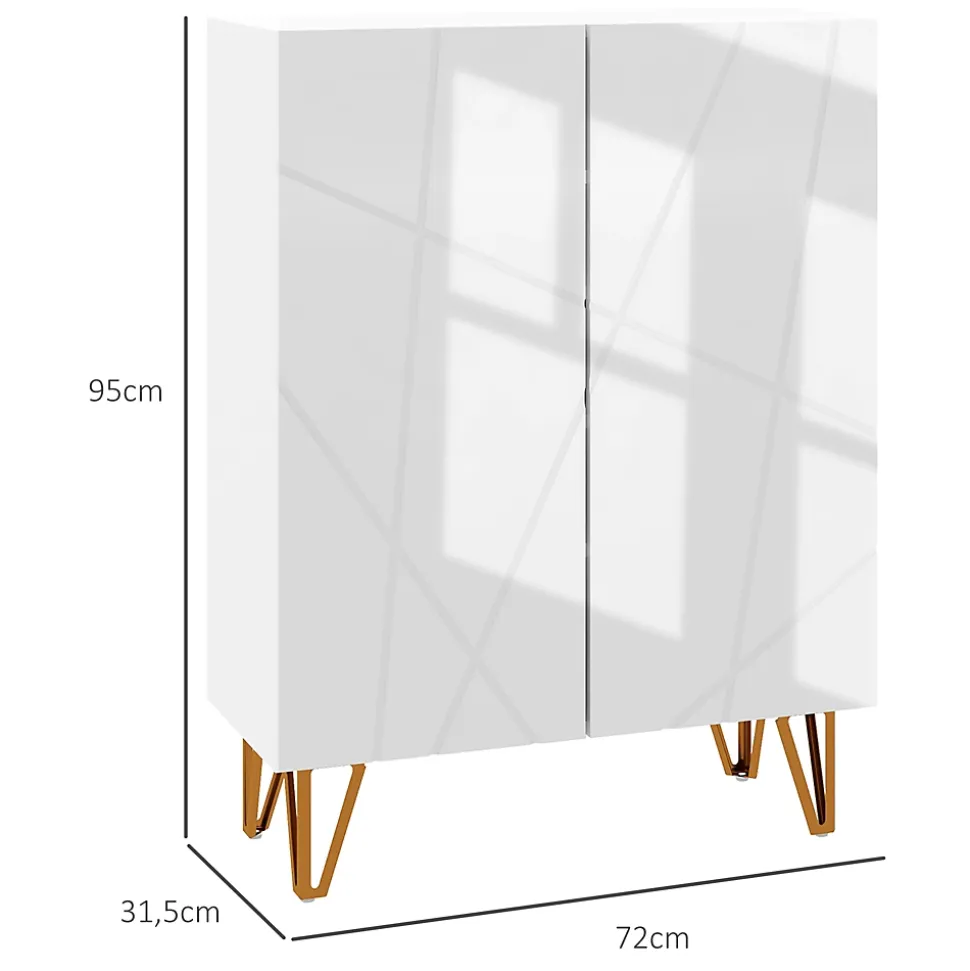 Meuble à chaussures style Art déco 2 portes 5 niveaux piètement épingle acier doré façade laquée blanc