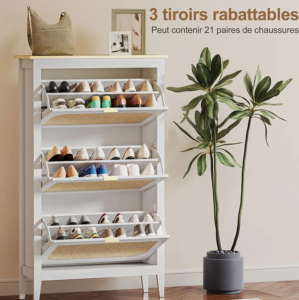 Meuble à chaussures style bohème chic 3 portes façades rotin poignées dorées effet bois clair blanc