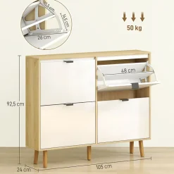 Meuble à chaussures style scandinave 4 portes étagères réglables piètement bois blanc effet bois clair