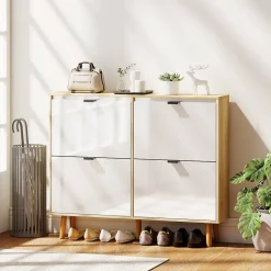 Meuble à chaussures style scandinave 4 portes étagères réglables piètement bois blanc effet bois clair