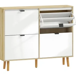 Meuble à chaussures style scandinave 4 portes étagères réglables piètement bois blanc effet bois clair