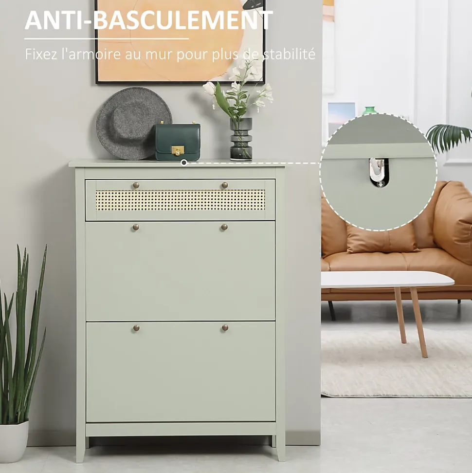 Meuble à chaussures style bohème chic - 2 portes abattantes 2 étagères réglables tiroir - MDF vert d'eau aspect rotin