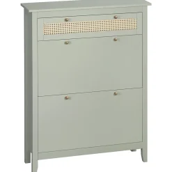 Meuble à chaussures style bohème chic - 2 portes abattantes 2 étagères réglables tiroir - MDF vert d'eau aspect rotin