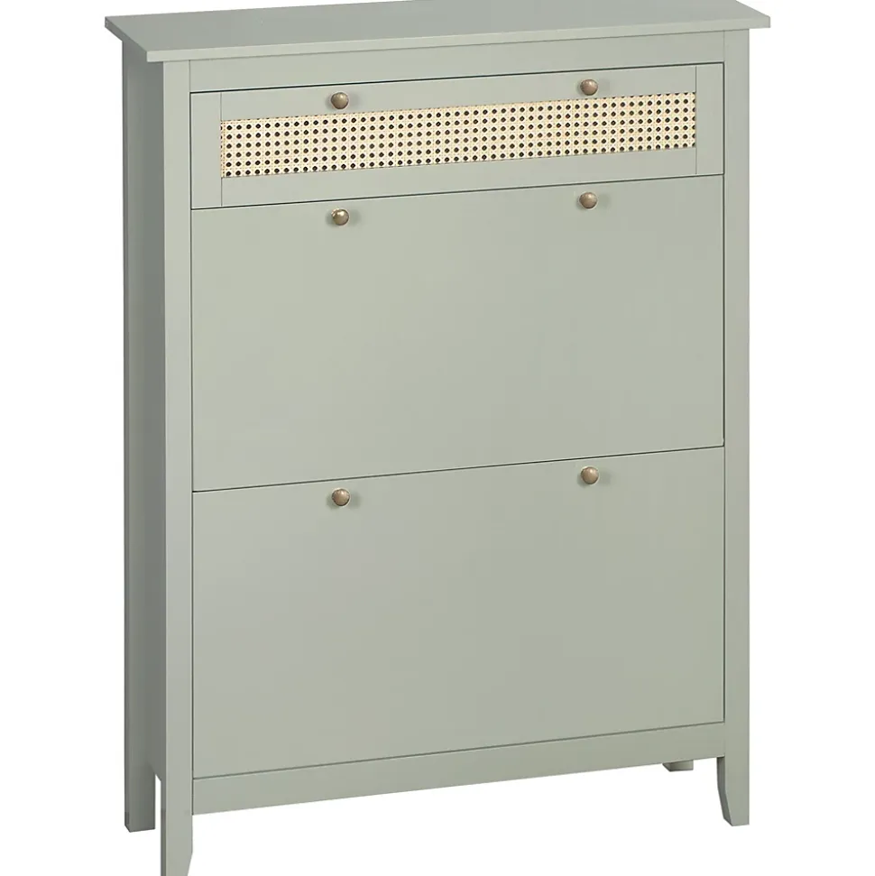 Meuble à chaussures style bohème chic - 2 portes abattantes 2 étagères réglables tiroir - MDF vert d'eau aspect rotin