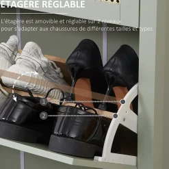 Meuble à chaussures style bohème chic - 2 portes abattantes 2 étagères réglables tiroir - MDF vert d'eau aspect rotin
